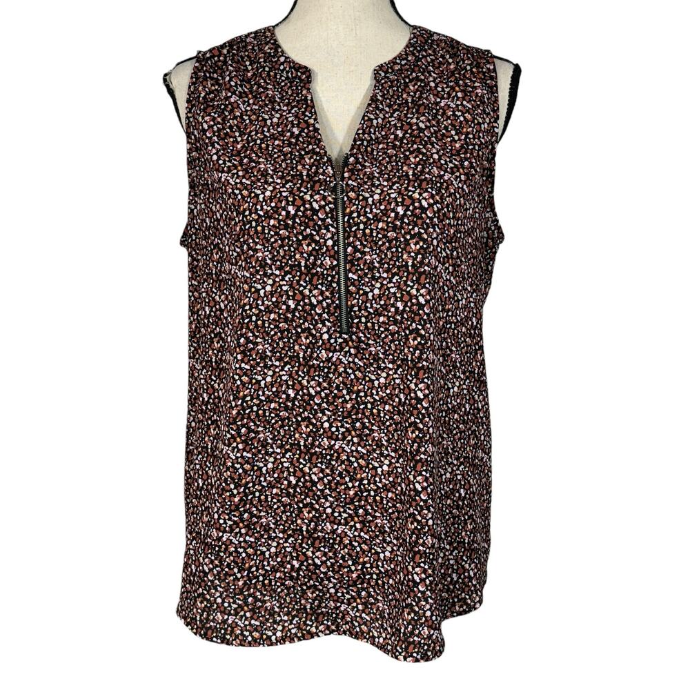 APT 9 Large Top Abstract Sleeveless V-Neck Zipper Pleated Shoulders Lightweight